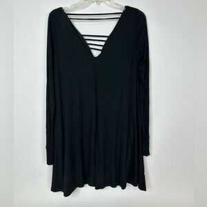BP Tunic Top Women's Small Ribbed‎ Long Sleeve Strappy Cage V-Neck Black
